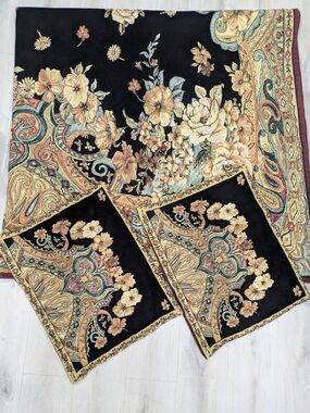 Soft Surroundings ARIYA Tapestry Coverlet QUEEN Floral on Black+ 2 Pillow Covers